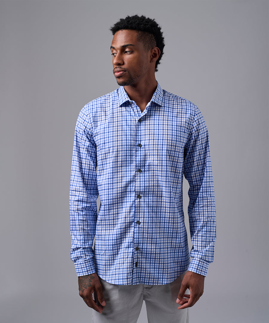 CAMISA MANGA LARGA CUELLO SPREAD SLIM FIT AZUL CUADROS OI25