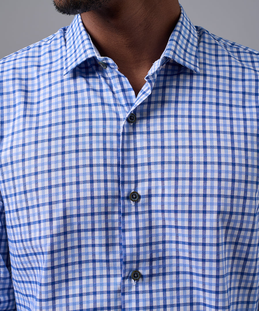 CAMISA MANGA LARGA CUELLO SPREAD SLIM FIT AZUL CUADROS OI25