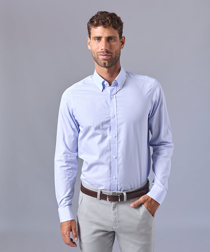 CAMISA MANGA LARGA DE VESTIR CUELLO BUTTON DOWN CELESTE C/RAYAS OI24