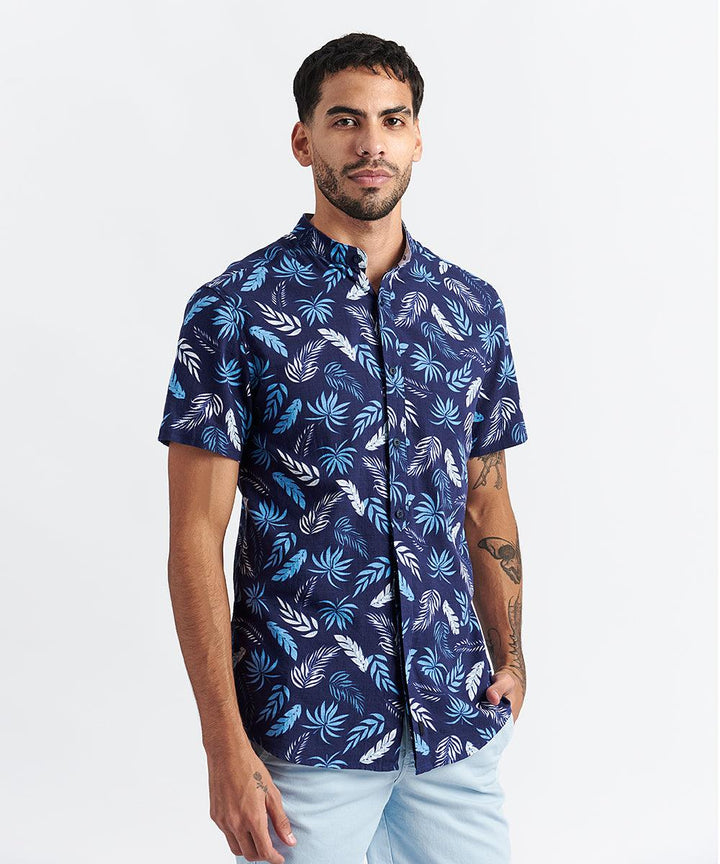 CAMISA MANGA CORTA CORTES MEDIA PECHERA OCULTA- SLIM FIT PV24 AZUL ESTAMPADO - MBO