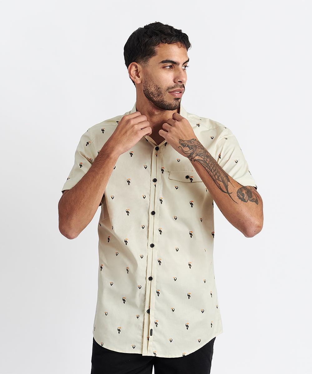 CAMISA MANGA CORTA PECHERA SEMI OCULTA - SLIM FIT PV24 BEIGE ESTAMPADO - MBO