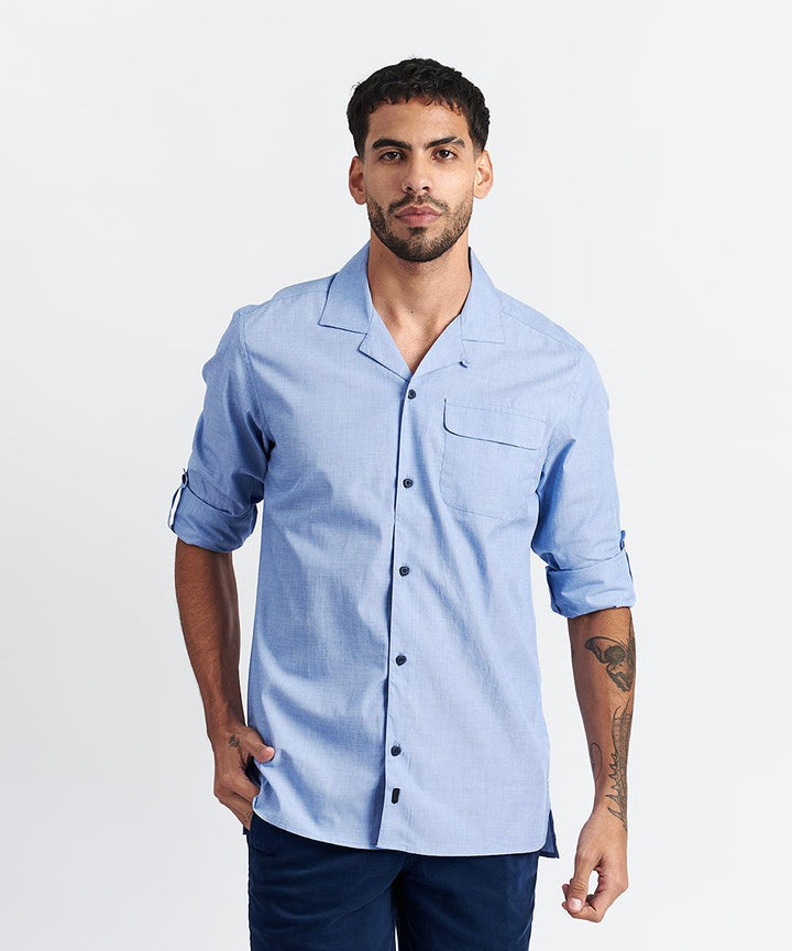 CAMISA MANGA LARGA CUELLO RESORT CON BOLSILLO ROLL UP - CLASSIC FIT PV24 CELESTE - MBO