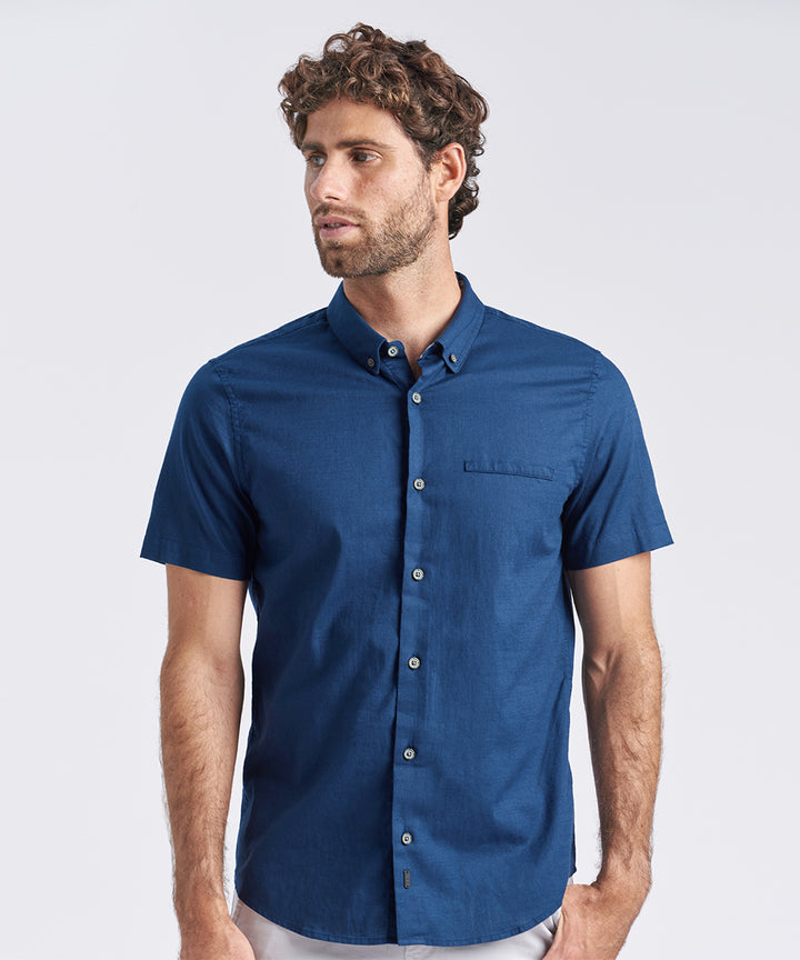 CAMISA MANGA CORTA CUELLO B.DOWN C/ VIVO LOOK LINO CR CLASSIC FIT AZUL PV24