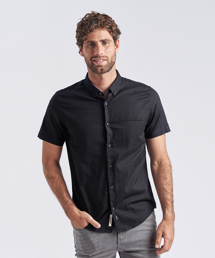 CAMISA MANGA CORTA CUELLO B.DOWN C/ VIVO LOOK LINO CR CLASSIC FIT NEGRO PV24