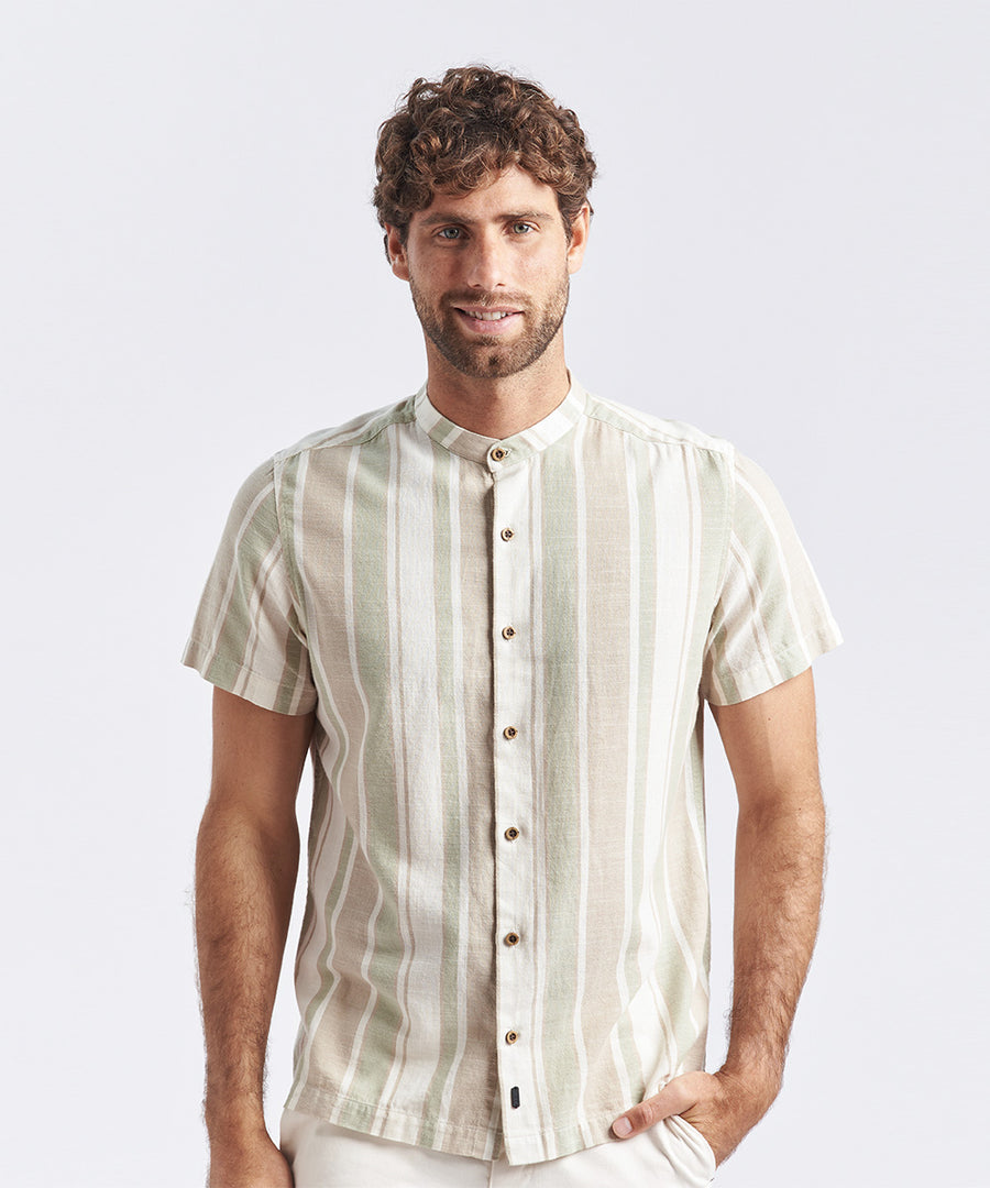 CAMISA MANGA CORTA CUELLO NERU LOOK LINO CLASSIC FIT VERDE RAYAS PV24