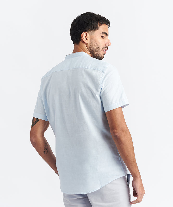 CAMISA MANGA CORTA CUELLO NERU CON VIVO LOOK LINO CR CLASSIC FIT CELESTE PV24