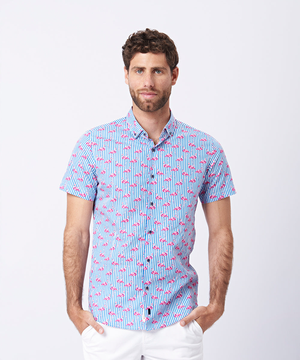 CAMISA MANGA CORTA BUTTON DOWN SLIM FIT PV23 AZUL ESTAMPADO