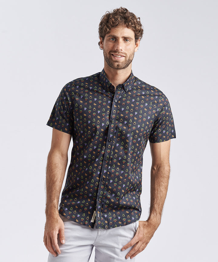 CAMISA MANGA CORTA "FRUTAS" SLIM FIT NEGRO PV24